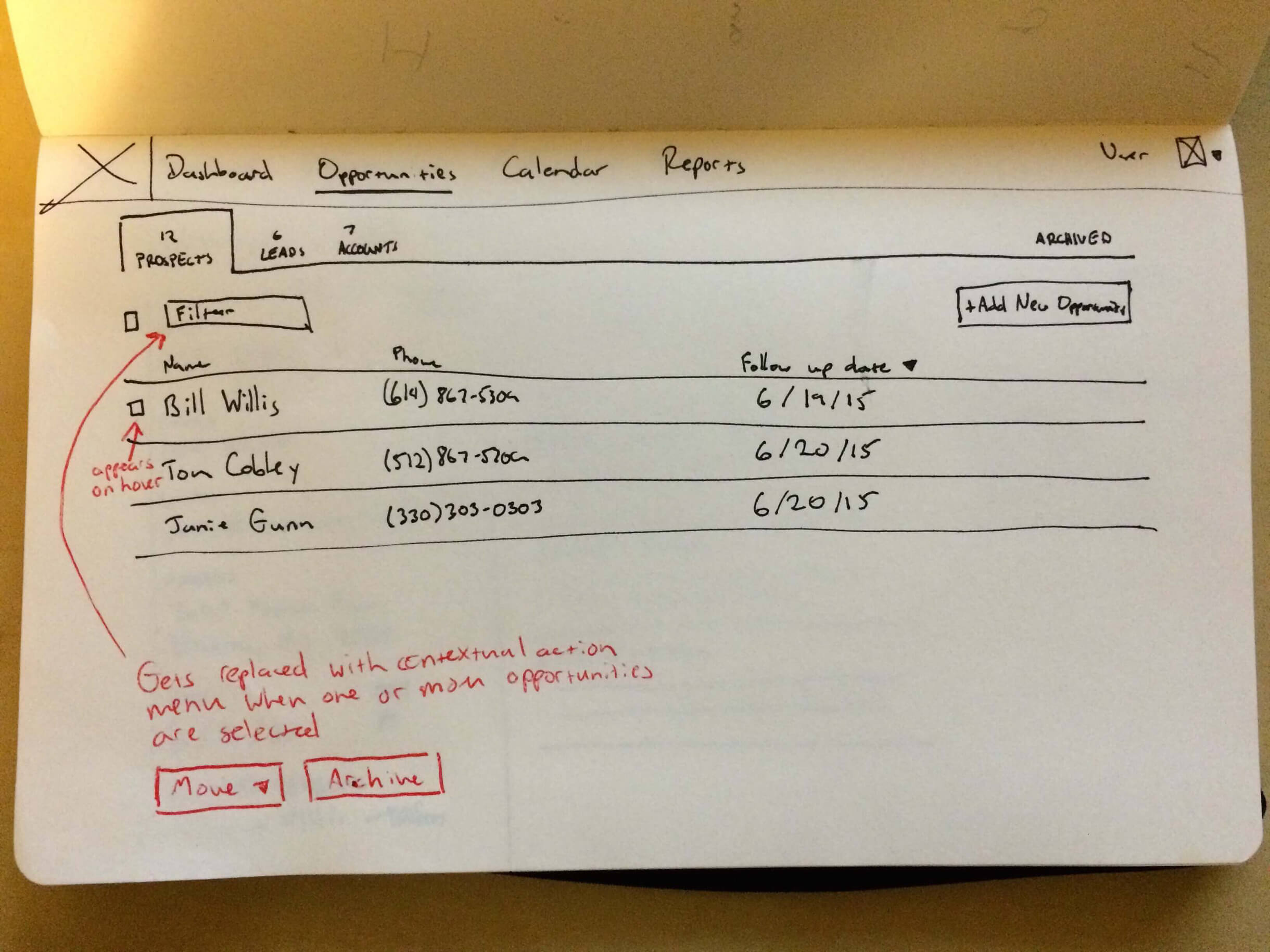 ORMS Wireframe Sketch - Opportunities Table