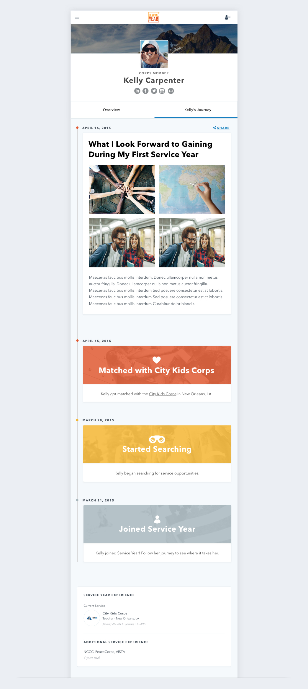 Screenshot of Service Year Corps Member Profile (Tablet)