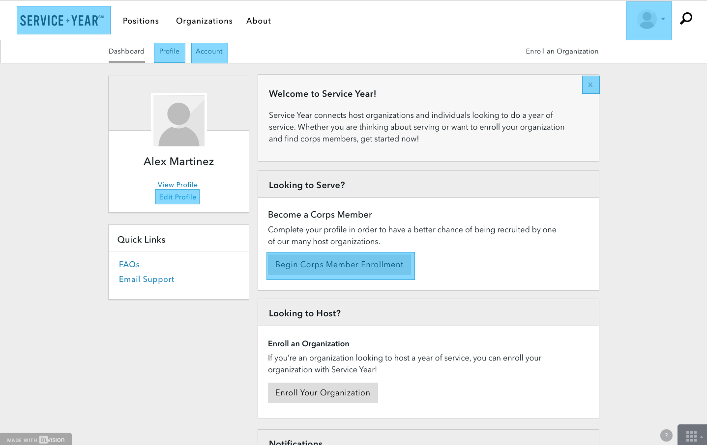 Service Year Invision Prototype Screenshot